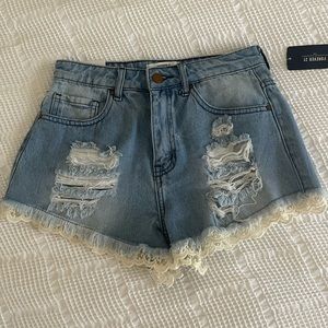 High Rise Jean Shorts with Lace Trim- FOREVER 21